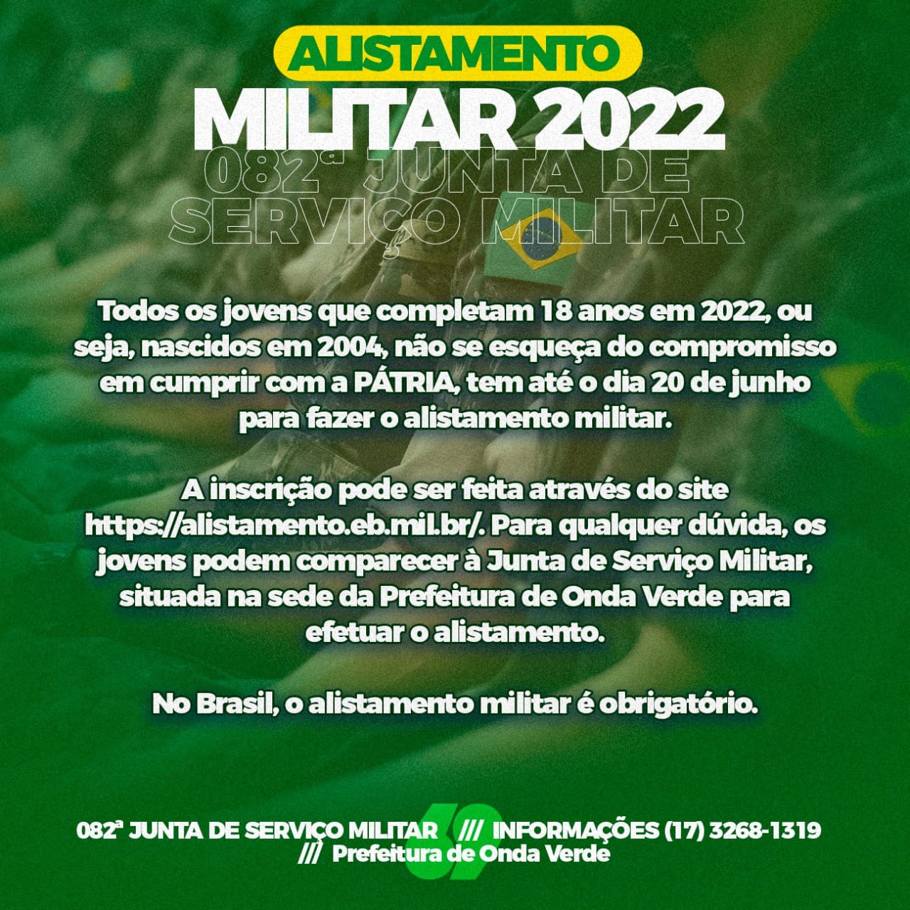 Alistamento Militar: Jovens que completam 18 anos em 2022